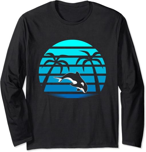 Retro Animal Tropical Nature Palm Trees Exotic Whale Orca Long Sleeve T-Shirt