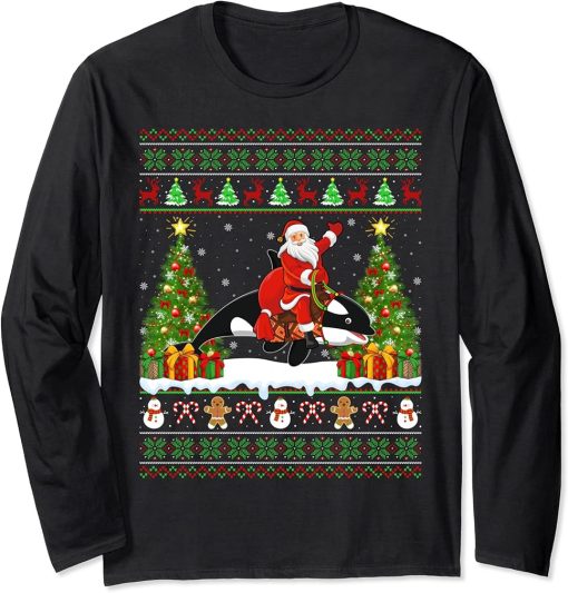 Orca Fish Lover Funny Ugly Santa Riding Orca Christmas Long Sleeve T-Shirt